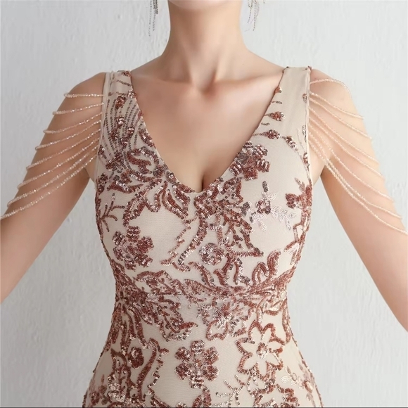 Gold, Floral Print,  V Neck,  Beaded Draped Sleeves,  Contrast Sequined Gown - Picture 5 of 16